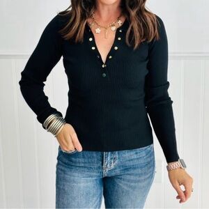 Black Long Sleeve Top with Gold Button Accents